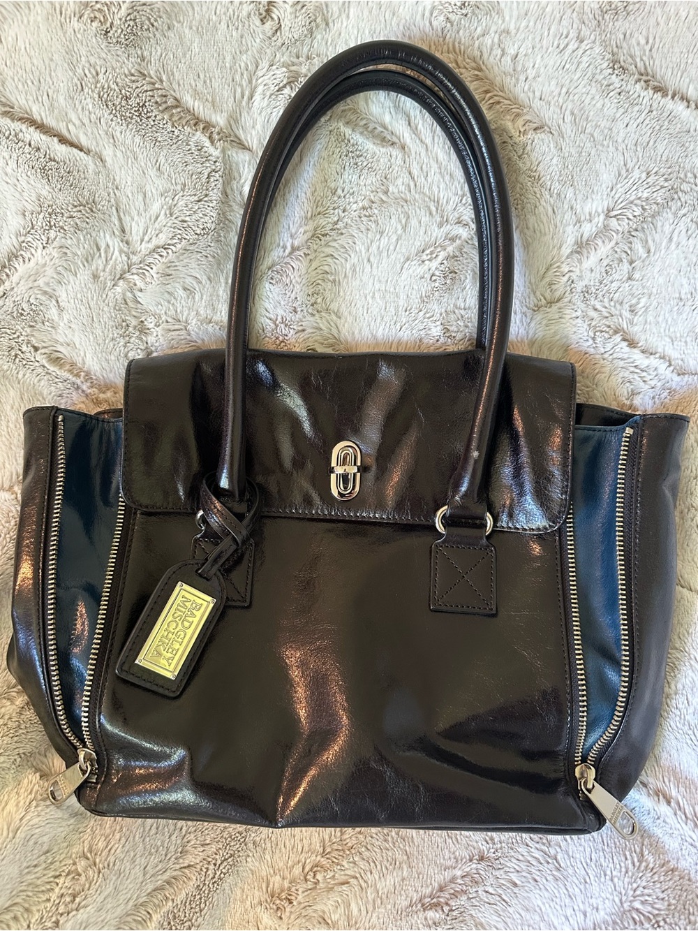Badgley Mischka Black Patent Leather Tote Satchel Bag Silver Hardware EUC